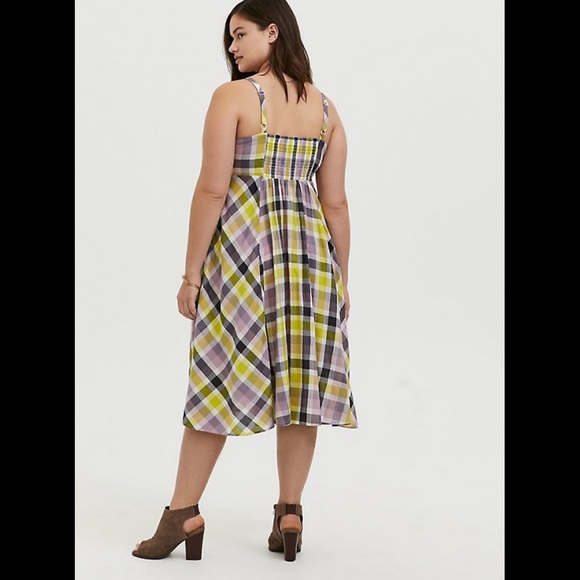 SOLD E Torrid Multi Plaid Challis Button Front Midi Dress - Picture 2 of 13